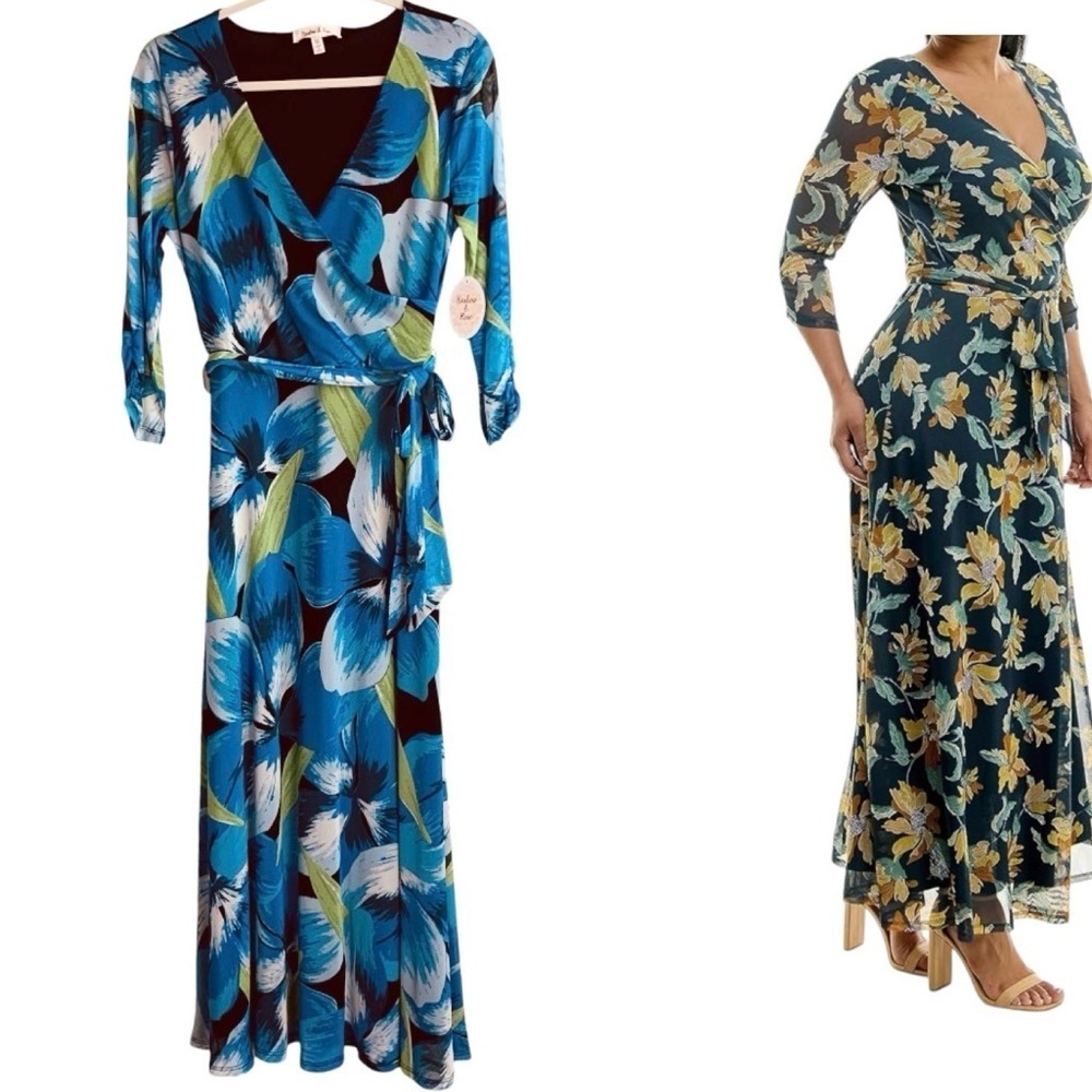HARLOW AND ROSE Blue Green Floral Criss Cross Bodice Maxi Dress Size Medium NEW
